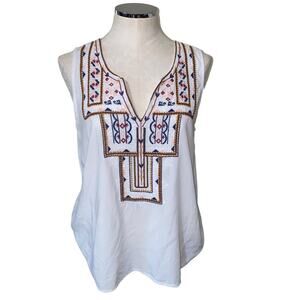 Given Kale Embroidered V-Neck Sleeveless Boho Indie Blouse White Size Large
